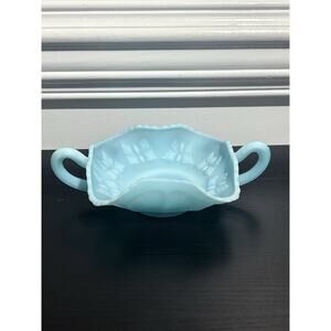 Vintage 1970's Fenton Matte Blue Glass Butterfly Candy Dish Bowl w/ Handles